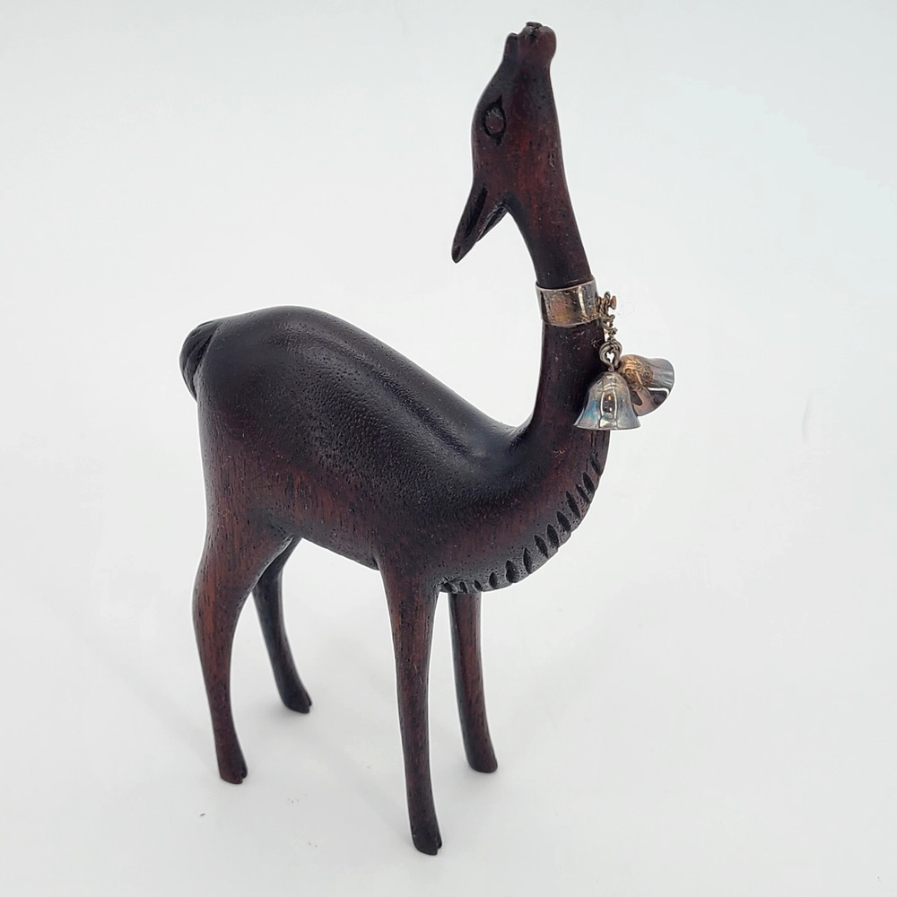 Vintage Wood Hand Carved Llama Alpaca Figurines with Sterling Silver Bells Peru